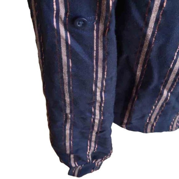 Bella Dahl Shimmer Stripe Tie Waist Open Collar Button Up Blouse Sz L - Picture 7 of 15